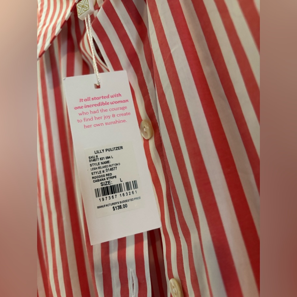 Lilly Pulitzer LESIA RELAXED BUTTON DOWN
ROCOCO RED CABANA STRIPE SIZE LARGE NWT - Picture 3 of 4